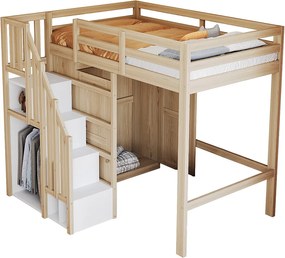 Łóżko na antresoli 90x200 cm - z drabinką zabezpieczającą + szafą - rama z litego drewna - kolor naturalny (materac nie jest wliczony w cenę)