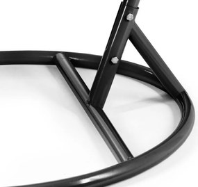 Czarne wiszące krzesło KOKON ze stojakiem, biało-szara poduszka