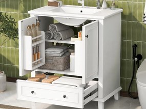 Meble łazienkowe na nogach - z ceramiczną umywalką - 2 drzwi i 1 szuflada - Biały (bateria nie jest dołączona)