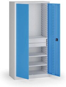 Szafa warsztatowa, 3 półki + 2 szuflady, 1950 × 950 × 500 mm, niebieskie drzwi
