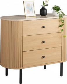 Owalna komoda z szufladami ryflowana Fabia 80 cm, dąb/trawertyn