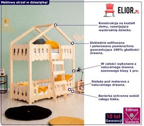 Drewniane łóżko piętrowe domek z barierkami - Marion 3X