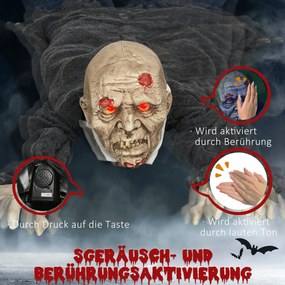 HOMCOM Dekoracja Halloween Zombie, LED Oczy, wydaje dźwięki i pełza, czujnik ruchu i dźwięku, zasilanie bateryjne, 159 cm