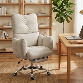 HOMCOM Fotel biurowy z podnóżkiem, ergonomiczny fotel gamingowy i komputerowy, śnieżnobiały flanel, grube wypełnienie | Aosom PL