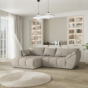 Masseno Narożnik ORENTI z funkcją spania i pojemnikiem na pościel Narozniki L, Rozkładana sofa - Beżowy, MATT VELVET 09