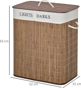 HOMCOM Kosz na Pranie 100L Bambus Poliester Bawełna z 3 Uchwytami Brązowy Biały 52x32x63cm | Aosom PL