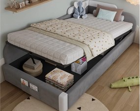 Łóżko dziecięce z pojemnikiem 90×200 cm - Torba do przechowywania - lewa barierka - ze stelażem listwowym - aksamit + sklejka - Szare