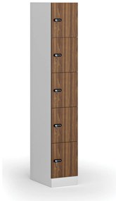 Szafka skrytkowa S1, 5 schowków, 1850 x 300 x 500 mm, zamek mechaniczny z kodem, drzwi laminowane, orzech