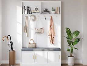 Nowoczesna szafa na przedpokoju - z 6 hakami i 3 drzwiami - z ławką i otwartymi półkami - Biała