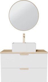 Wisząca szafka łazienkowa z umywalką wpuszczaną w blat kwadratową, baterią i lustrem – Biała – S80 cm – AVORELI