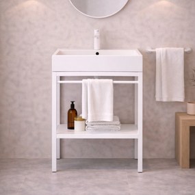 Zestaw umywalka z konglomeratu NAVI 70 x 45 cm + stojąca konsola NAVI Step | Różne kolory | Różne rozmiary : Kolor - Biały, Otwory na baterię - Bez otworów, Rozmiar - 60 x 45 cm