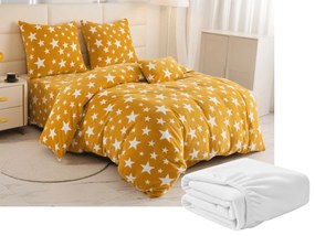 PrzytulneMieszkanie.pl PrzytulneMieszkanie.pl PrzytulneMieszkanie.pl Zestaw pościeli z mikropluszu STARS żółto-pomarańczowy + prześcieradło z mikropluszu SOFT 180x200 cm białe, łóżko podwójne
