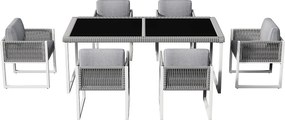Zestaw ogrodowy stół jadalny i 6 krzeseł - ocynkowana stal, lina i szkło hartowane - szary + biały
