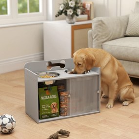 PawHut Podwyższona stacja karmienia z 2 miskami i szafką, MDF, stal nierdzewna, motyw kości, szary