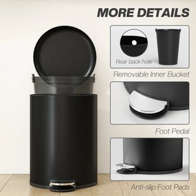 HOMCOM 20 l kosz kuchenny, metal odporny na odciski palców, pokrywa Soft-Close, pedał nożny i wyjmowany kubeł, czarny | Aosom PL