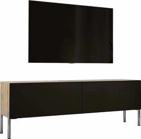 Szafka RTV: Dąb Wotan / Czarny Mat, Nogi Chrom, 140 x 52 x 32 cm