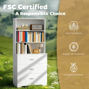 HOMCOM Regał na książki, wysoki regał/witryna z 3 szufladami i 3 otwartymi półkami, do salonu i kuchni, 79x39,5x180 cm, biały