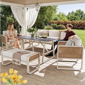 Zestaw mebli ogrodowych dla 6-7 osób - 1 stół + 1 sofa z poduszkami + 2 fotele + 1 ławka - metalowy - beżowy