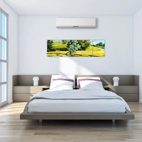 Obraz - rzeka między łąkami, obraz olejny (170x50 cm)
