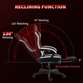 HOMCOM Fotel Gamingowy z Podnóżkiem, Fotel komputerowy z Poduszką i Książeczką, Skórzany Pokrowiec, Obrotowy, Wysokość Regulowana, Metal, Plastik, Czarny+Biały