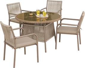 Nowoczesny zestaw mebli ogrodowych z rattanu - 1 szklany stolik + 4 fotele - metalowy - brązowy