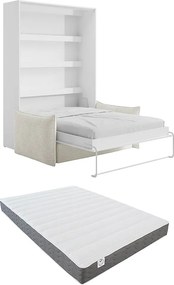 Łóżko chowane w szafie 160 x 200 cm - Ręczne otwieranie pionowe - Z LEDami - Białe + Kanapa + Materac - RAPILI