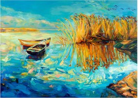 Obraz na szkle - Jezioro z łodziami (70x50 cm)