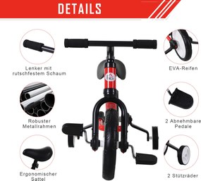 HOMCOM Rowerek Biegowy 2 w 1 Dla Dzieci Z Kółkami Podporowymi i Pedałami 2-5 Lat PP Czerwony | Aosom PL