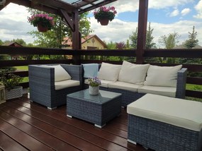 Meble technorattanowe (3-osobowa sofa, fotel, pufa + stolik) AMARO szary melanż