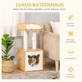 PawHut Cat House Zabawka Pet Ball Zdejmowany Aksamitny Poliester Sizal Dąb 35x35x81cm | Aosom PL