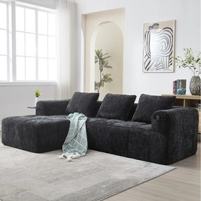 Sofa 3-osobowa w kształcie litery L - 250 x 158 x 60 cm - z szezlongiem + podłokietnikami + 3 poduszkami - Chenille - czarna