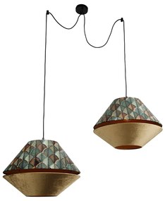 Lampa wisząca czarna z podwójnym aksamitnym abażurem z motywem liści i beżowym kolorem 2-źródła światła - Cava Luxe klasyczny/Antyczny Oswietlenie wewnetrzne
