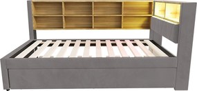 Łóżko wysuwane 90 x 200 cm - Łóżko dzienne z oświetleniem LED i dużą ilością miejsca do przechowywania - ciemnoszara flanela