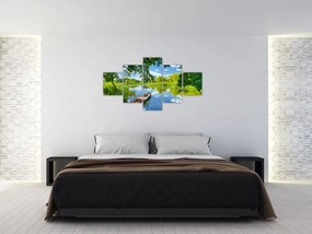 Obraz letniej rzeki z łodzią (125x70 cm)