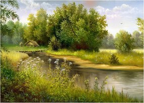 Obraz na szkle - Rzeka przy lesie, obraz olejny (70x50 cm)