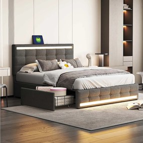 Łóżko tapicerowane lnem z 4 szufladami + LED i 2 portami USB + stelaż na listwy - 140x200cm - len - szary