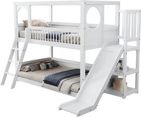 Łóżka piętrowe dla dzieci - 2 x 90 x 200 cm - z półkami + zjeżdżalnia + drabinka - drewno + płyta MDF - białe