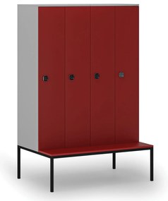 Drewniana szafa ubraniowa S4 z ławką, 4-drzwiowa, 1871 x 1200 x 500/800 mm, demontaż, zamek kodowy, szary/czerwony