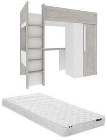 Łóżko antresola 90 x 200 cm z szafą i biurkiem - Naturalny poszarzony i biały + Materac - NICOLAS