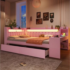 Tapicerowane łóżko dzienne dla dzieci - 140 x 200 cm - z portem USB, oświetleniem LED, biurkiem i 2 szufladami - płyta MDF - różowe