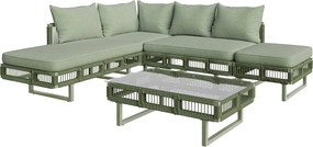 Salon ogrodowy - 4 osoby - kanapa narożna - z żelaza ocynkowanego - 1 stolik kawowy ze szkła hartowanego - podnóżek - zdobienie plecione - Zielony