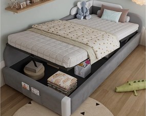 Łóżko dziecięce z pojemnikiem 90×200 cm - Torba do przechowywania - lewa barierka - ze stelażem listwowym - aksamit + sklejka - Szare