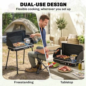 Outsunny Przenośny grill gazowy 2 palniki 5,9 kW 2-w-1 grill stołowy z pieczeniem składane nogi ruszt osłona przeciwwiatrowa pokrywa zamknięcie | Aosom PL