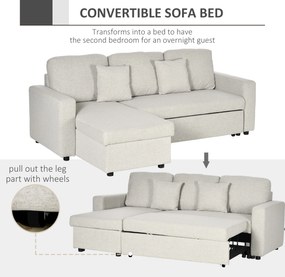 HOMCOM Narożnik z funkcją spania, Zestaw narożny z sofą 2-osobową, Łóżkiem, Narożnikiem L z miejscem do przechowywania, 2 Poduszki Kremowy