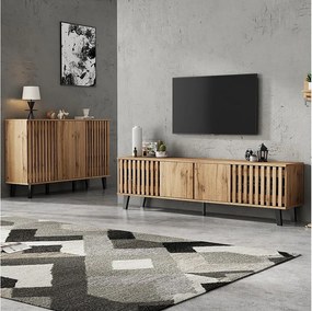 Stojak pod TV - 180 x 40 x 55 cm + kredens - 150 x 40 x 95 cm - ze schowkiem - do salonów + sypialni - płyta wiórowa - naturalny