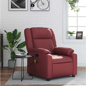 Fotel Masujący z Regulacją Oparcia w Bordowym Ekoskórze z Funkcją Wibracji i Ręcznym Podnóżkiem