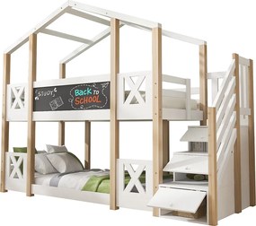 Łóżka piętrowe dla dzieci - 2 x 90 x 200 cm - domek na drzewie - schowek w schodach - białe
