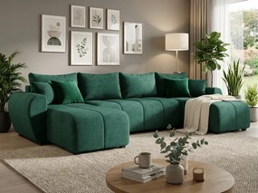 Rozkładana sofa narożna w kształcie U SEVIO 311x145 cm, butelkowozielona + 2 poduszki GRATIS