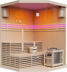 Narożna szklana sauna fińska przeszklona z oświetleniem i piecem 6KW - 3/4 osoby - S150 x G150 x W200 - KALSOY