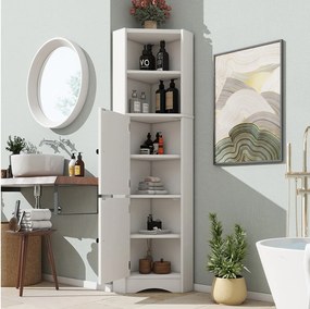 Trójkątna szafka łazienkowa - 51,7 x 32 x 155,4 cm - z 2 otwartymi przestrzeniami do przechowywania + 2 drzwi szafki - MDF - biała